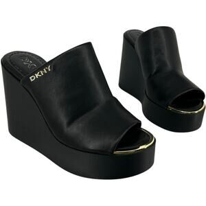 Women's Black Gold Toe DKNY Pen Platform Wedge Sandals Sz 9.5M LRT-2308